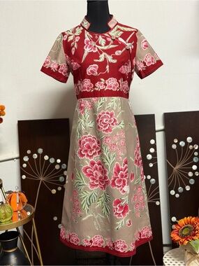 Floral Red & Beige A-Line BATIK Dress